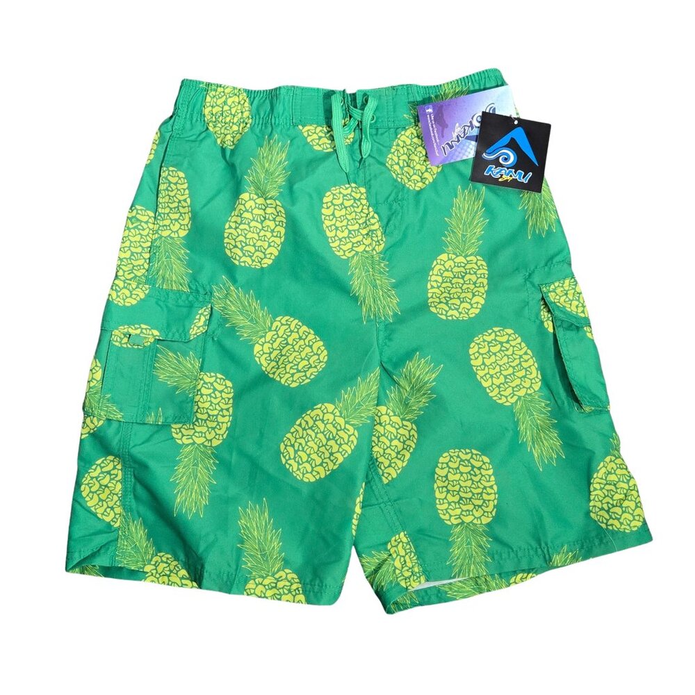 NWT | Kanu Surf Men's Green & Yellow Pineapple Print Cargo Swim Shorts | XL